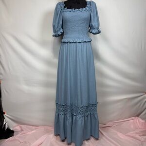 SHEIN Blue 2pc Maxi Skirt & Top Sz Large Smocked Bodice Puff Sleeves Lace